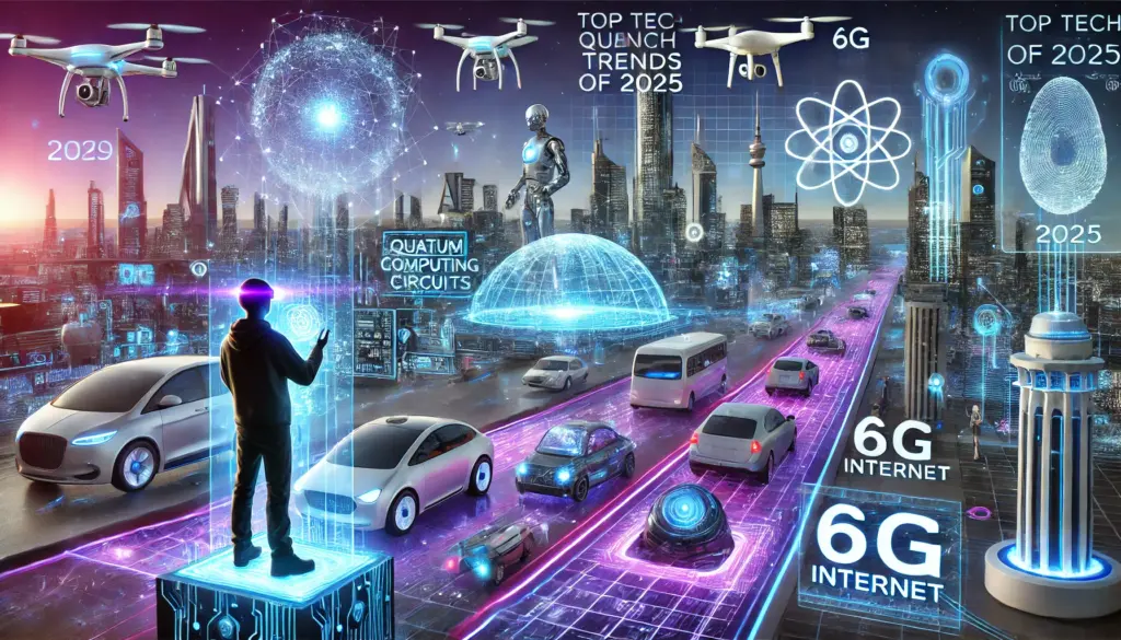 Futuristic technology landscape showcasing AI, quantum computing, 6G internet, and VR interactions.