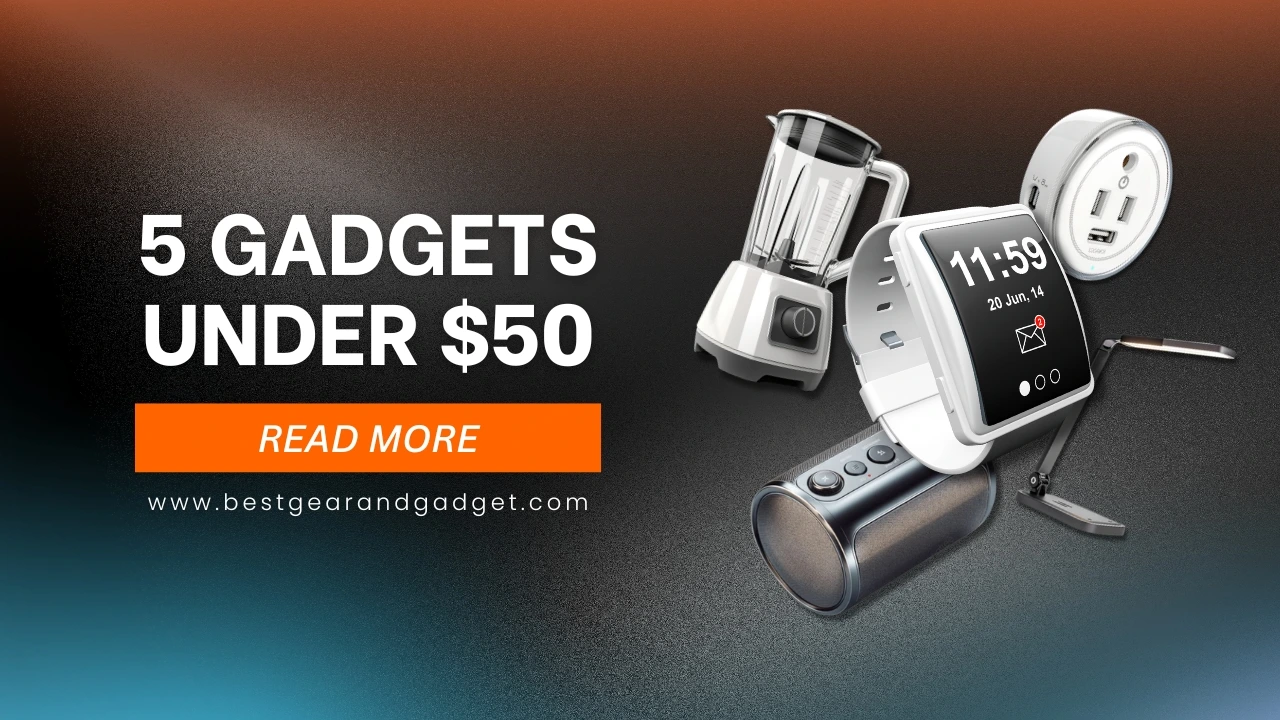 Affordable tech gadgets under $50, including a Tile Mate Tracker, Mini Portable Blender, LED Desk Lamp, Smart Plug, and Wireless Bluetooth Speaker.