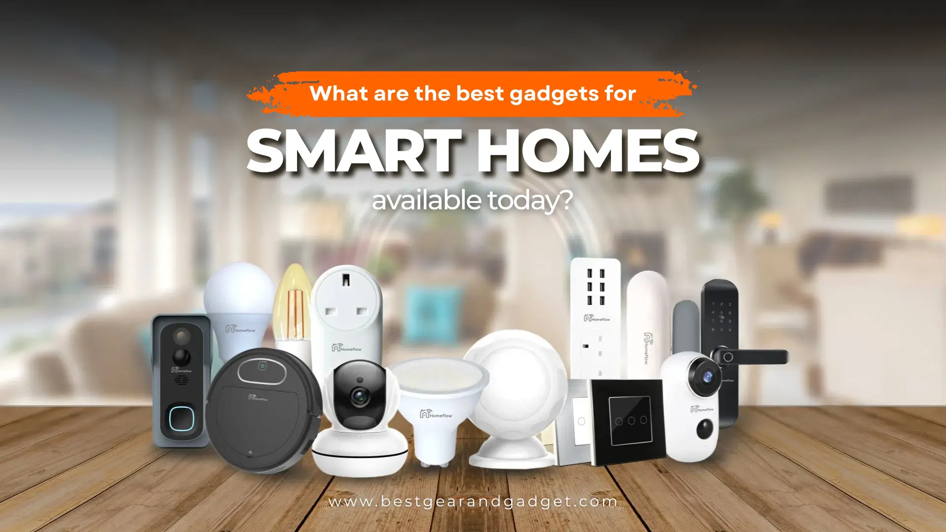 Top Smart Home Gadgets in 2025 Smart home gadgets including smart speakers, video doorbells, outdoor security cameras, smart locks, plugs, bulbs, and sensors displayed in a modern living room.