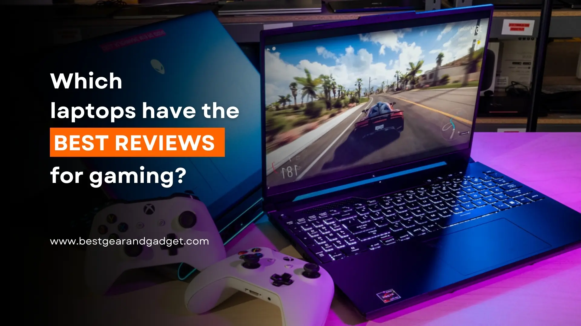 A high-performance gaming laptop with a racing game on screen, alongside Xbox controllers. Represents one of the best gaming laptops of 2025 with top reviews and powerful specs.
