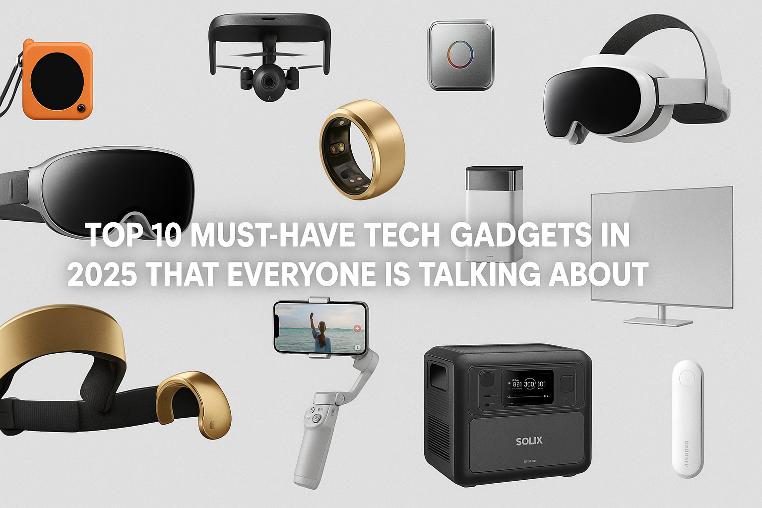 A digital compilation of the top 10 must-have tech gadgets of 2025, including AI assistants, smart rings, VR headsets, and solar generators.